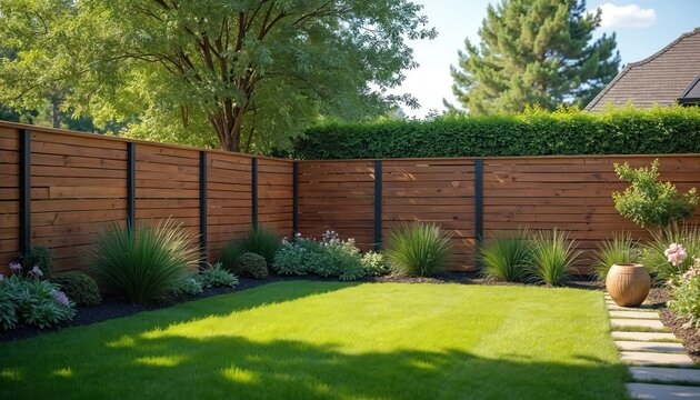 Modern backyard features horizontal wood slat fence, green grass lawn, diverse shrubs and plants. Stone path leads to large terracotta pot near lush garden.