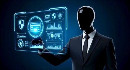 Mannequin interacting with futuristic digital display showing data and security icons