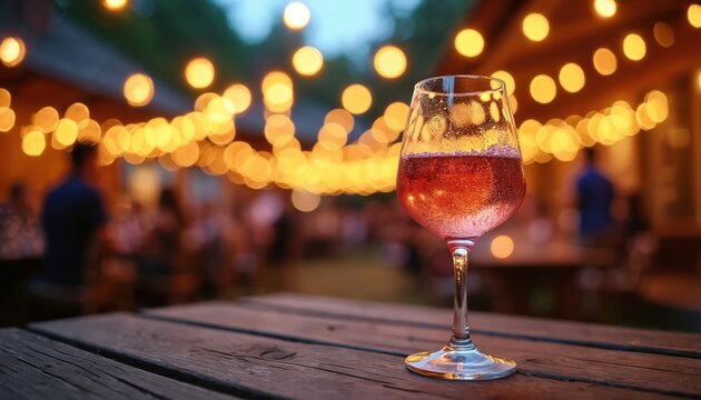 Rose wine in glass sits on wooden table. Evening event with string lights blurred background. People gather for outdoor party, warm atmosphere, enjoyment. - Powered by Adobe