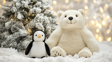 Stuffed penguin beside polar bear plush Christmas tree behind