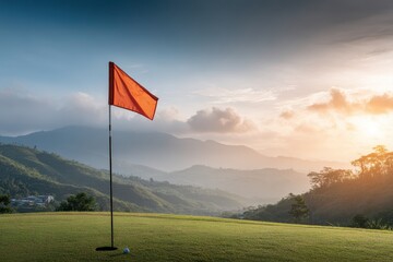 Orange Flag On A Golf Course With Green Grass And Mountainous Landscape At Sunset