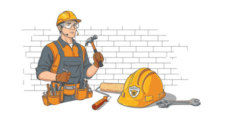 A skilled construction worker wearing safety gear and holding a hammer stands ready to build, surrounded by essential tools of the trade.
