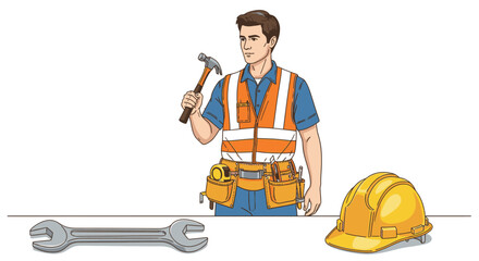 A focused man in a safety vest and tool belt, holding a hammer, stands ready for work, with a hard hat and wrench on the surface.
