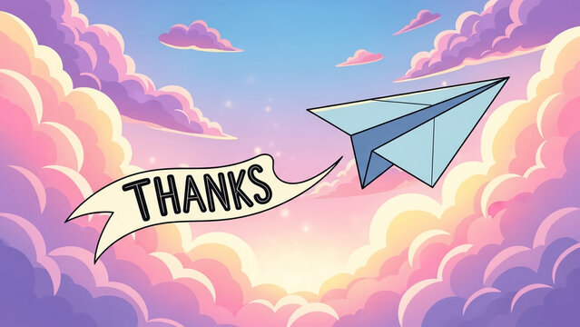 Paper airplane flying through colorful clouds with thanks message  
