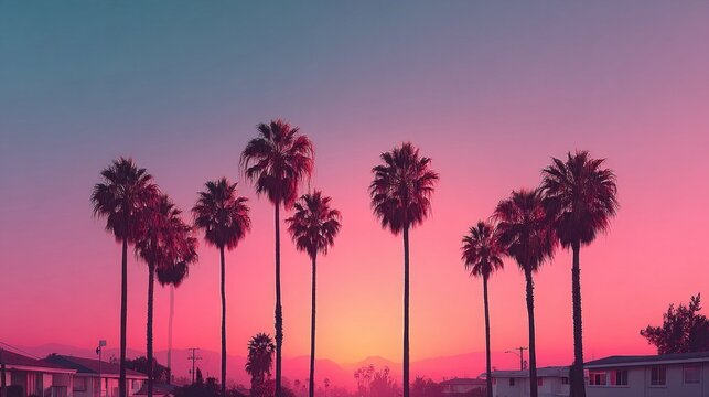 Palm trees silhouetted against a vibrant pink and blue sunset sky