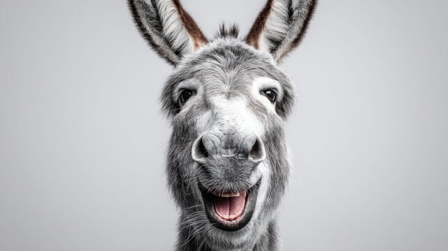 Close-up of a smiling donkey with a gray background, studio shot