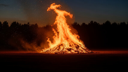 Large bonfire burning brightly at night in a natural setting