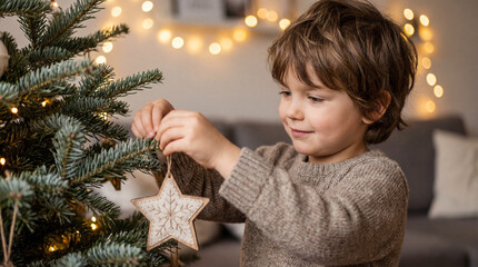 Little Boy Gently Hanging a Star Ornament on a Festive Christmas Tree