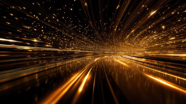 Dynamic golden light trails create a mesmerizing effect in a dark setting showcasing movement and energy at nighttime