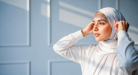 Young Muslim woman adjusting her hijab in soft light indoors  