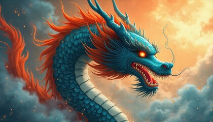 Majestic blue traditional Chinese dragon with glowing red eyes, orange mane emerges from rich clouds. Mythical creature power, good fortune in Asian culture. Striking illustration captures strength,