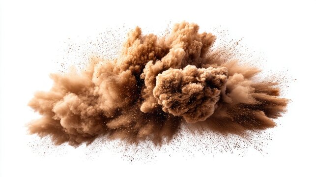 Exploding cloud of brown dust against a clean white background