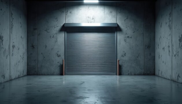 Closed metal roller shutter door stands in concrete industrial room interior. Bright overhead light illuminates large secure entrance. Gray textured walls, wet-looking floor create stark empty space.