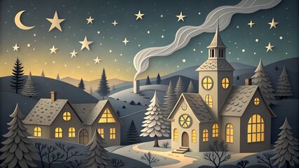 Fototapeta premium Charming winter village scene at night with a snowcovered church, glowing windows, and a starry sky above rolling hills