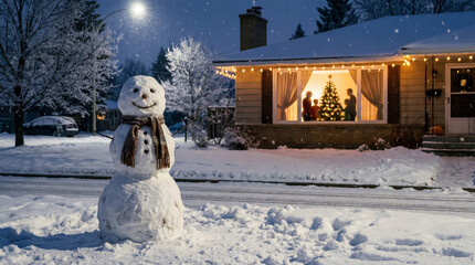Smiling Snowman on Snowy Street with Family Celebrating Christmas Indoors