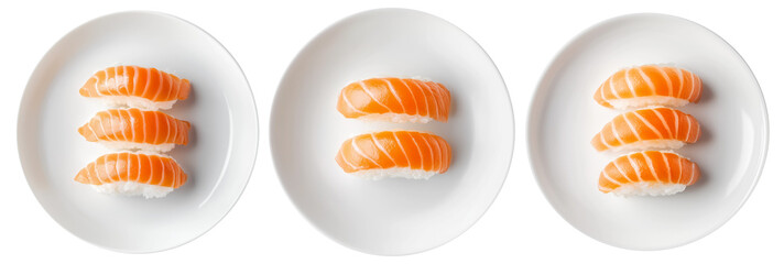 Salmon nigiri sushi arranged neatly on white plate, isolated on white background, concept of Japanese cuisine