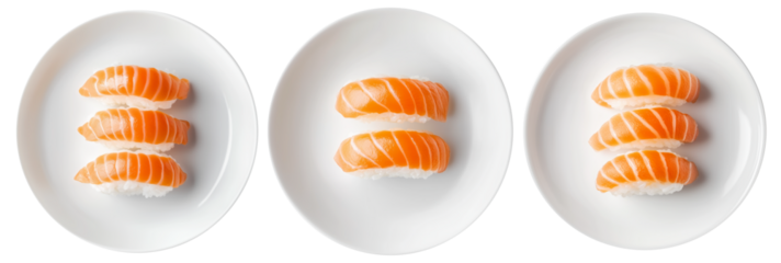 Salmon nigiri sushi arranged neatly on white plate, isolated on white background, concept of Japanese cuisine