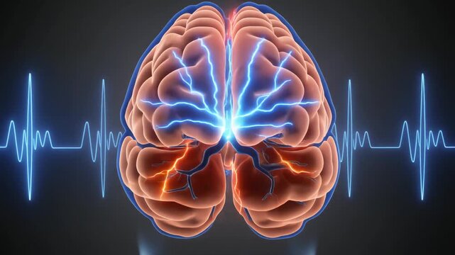 Illuminated brain with electrical impulses