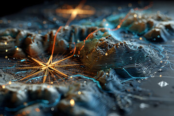 Sea Depth Topographic Map With Route And Coordinates Conceptual User Interface Blue Abstract Background. Bermuda Triangle. Topographic Cartography. Topographic Map. Topographic Atlas