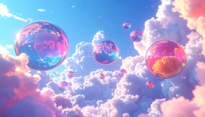 Dreamy sky with pastel clouds and iridescent floating orbs reflecting vibrant colors.