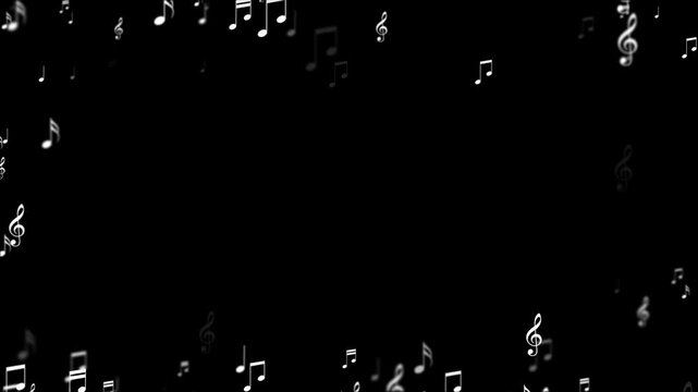 musical notes border frame flying alpha channel animation, white notas music and song play isolated overlay social media motion design element