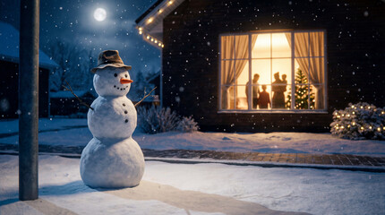 Peaceful Winter Night with Snowman and Cozy Family Home Lit by Christmas Lights