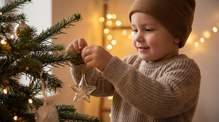 Child Gently Hanging a Star Ornament on a Christmas Tree with Lights