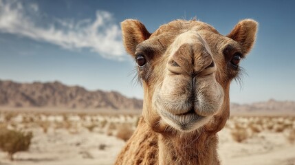Funny portrait of a camel in the desert showcasing its unique personality against a backdrop of mountains and blue sky
