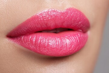 Bright pink lipstick enhances the allure of full lips in a professional cosmetic display capturing beauty and style
