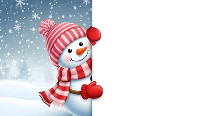 Cheerful snowman peeking around a blank white banner in a winter scene