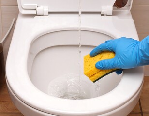 A person wearing a blue glove cleans a white toilet bowl with a yellow sponge. Water runs as cleaning occurs