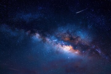 Stunning panorama of the milky way and night sky showcasing stars with a shooting star in a remote location during the evening hours