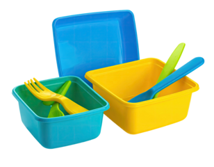 Colorful plastic containers with utensils