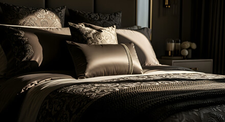 Luxurious and comfortable bedding set with decorative pillows in a modern bedroom setting
