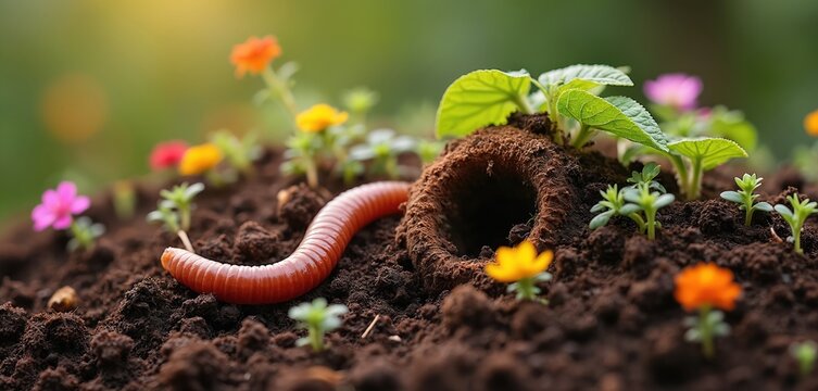 An earthworm crawls on soil near plants and flowers. Vermicomposting enhances garden health by using worms. Worms aerate soil breaking down organic matter.