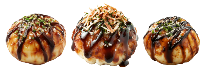 Japanese takoyaki ball topped with thick sauce, green onions and bonito flakes, isolated on white transparent background