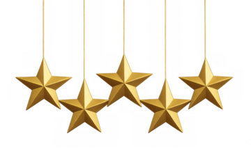 Five golden rating stars hanging on strings, achieving success, quality, and excellent feedback for product reviews