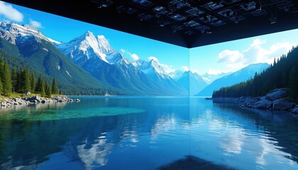 Closed room with led screens on walls displaying serene mountain landscape with calm lake, trees and snow-capped peaks. Bright blue sky with clouds. Modern interior with dark ceiling and spotlights.