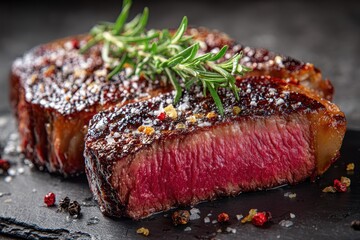 Perfectly grilled barbecue dry aged wagyu porterhouse beef served with a touch of aromatic herbs and seasoning on a rustic black slate board