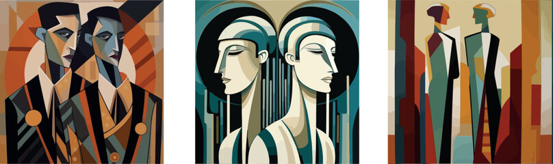 Art Deco Cubist Triptych of Stylish Figures with Dramatic Flair