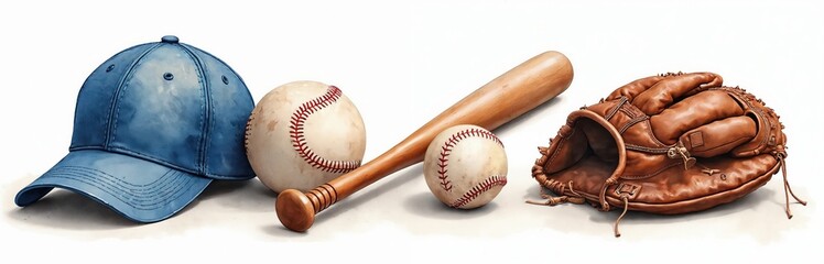 Blue baseball cap, two balls, wooden bat, leather glove arranged on white background. Sport equipment watercolor illustration perfect for sports articles kid activity posters. Team play fun.