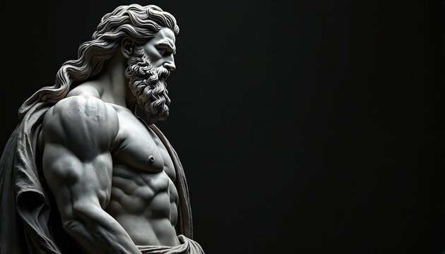 Statue of Zeus on black backdrop. Artistic depiction god of thunder in marble. Sculpture of Greek mythology deity with beard. Ancient classical art illustration shows detail.