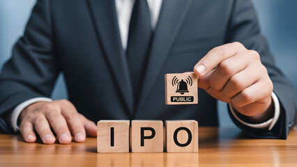 Exciting IPO launch announcement with businessman holding 'Public' block to represent new business investment opportunity and financial growth success