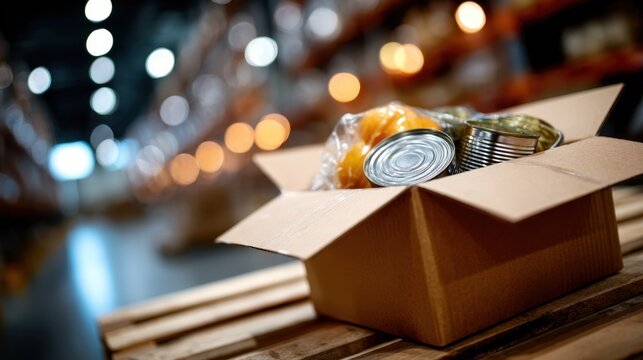Food donation box filled with canned goods on warehouse floor for charity support