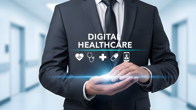 Professional businessman presenting innovative digital healthcare solutions with a modern touch, perfect for health tech marketing and medical advancements in a digital age