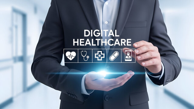 Professional businessman presenting digital healthcare innovations with elegant, glowing interface symbolizing modern telemedicine advancements and medical technology