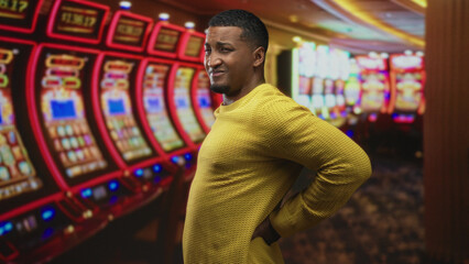Man at slot machines holding hand on lower back and pressing stomach in building; regret tension...