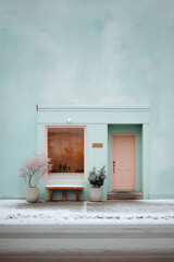 Winter facade of a small local shop with pastel mint wall pink door frosted plants and warm interior lighting concept of small business retail design branding