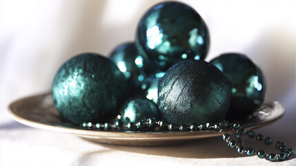 Christmas teal ornaments on a silver plate with soft festive light concept of holiday decor and winter celebration