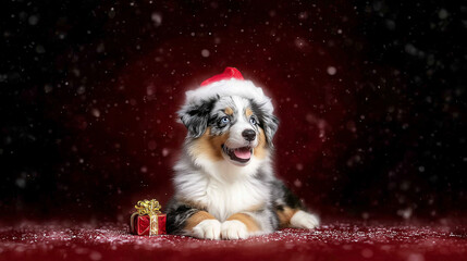 Puppy in santa hat lying with gift on red snowy background for christmas concept of pets care holidays shopping